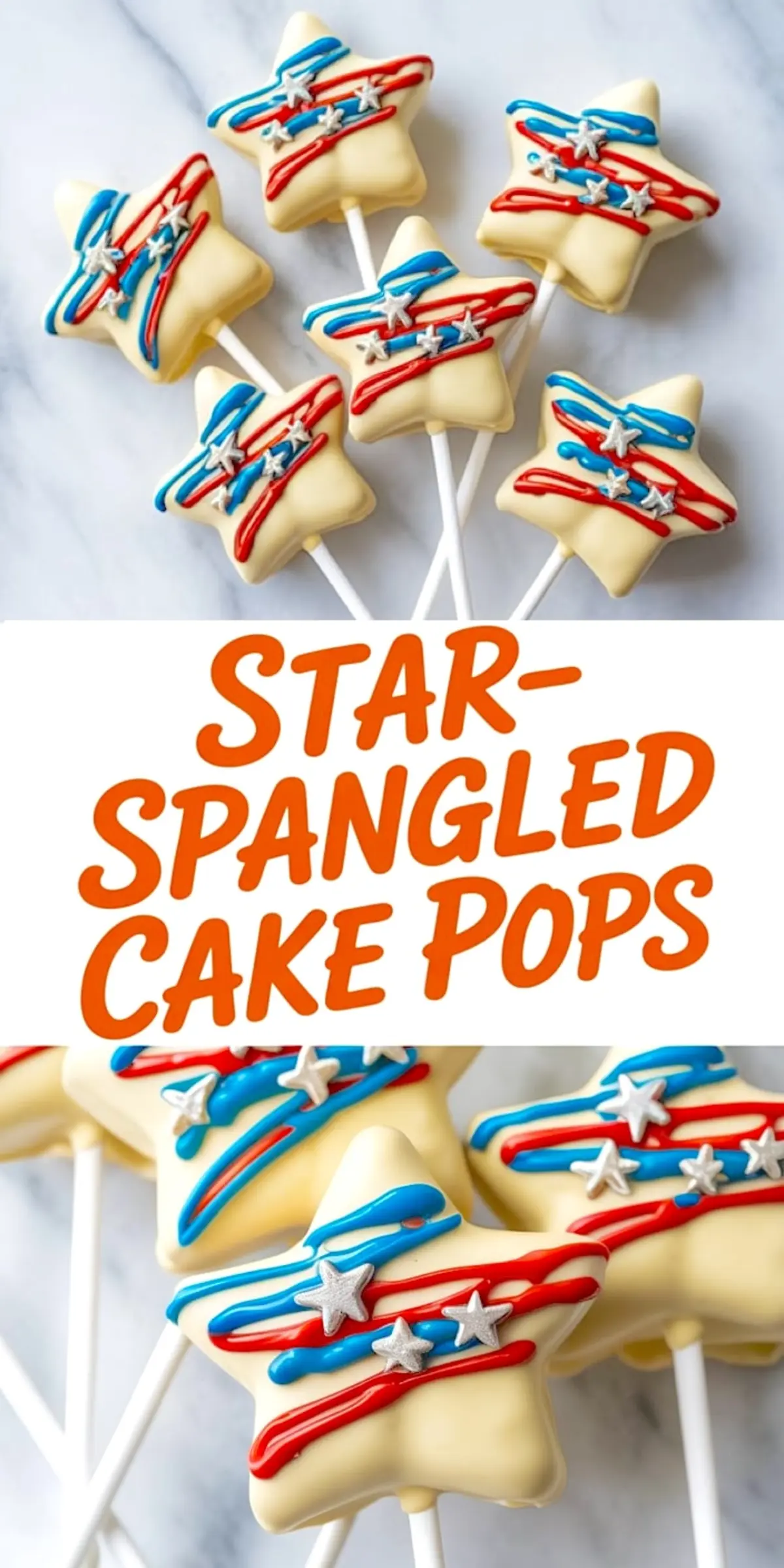 Star-shaped cake pops coated in white chocolate, decorated with red and blue icing stripes and silver star sprinkles, arranged on white sticks for a patriotic dessert display.
