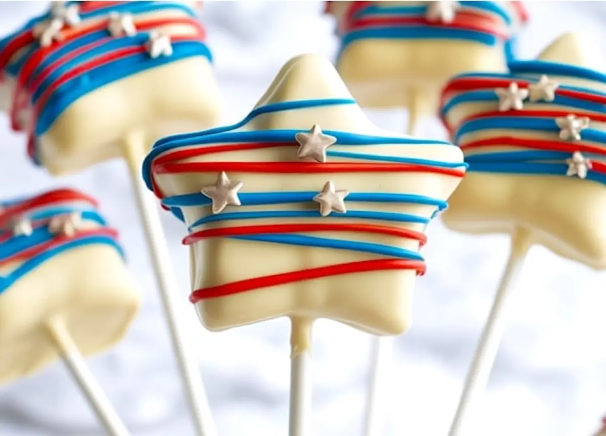 Close-up of a star-shaped cake pop with smooth white chocolate coating, wrapped in red and blue icing lines and topped with silver candy stars for a festive Fourth of July treat.