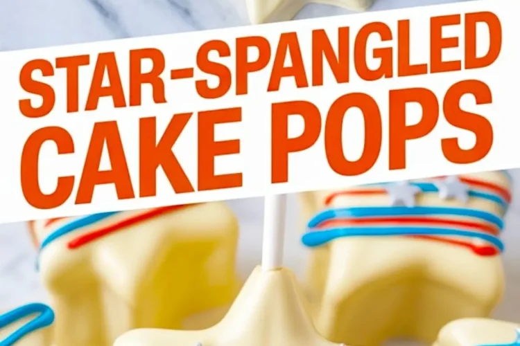 Overhead view of multiple star-shaped cake pops with a creamy white chocolate shell, striped red and blue icing, and silver star decorations, styled with bold “Star-Spangled Cake Pops” text.