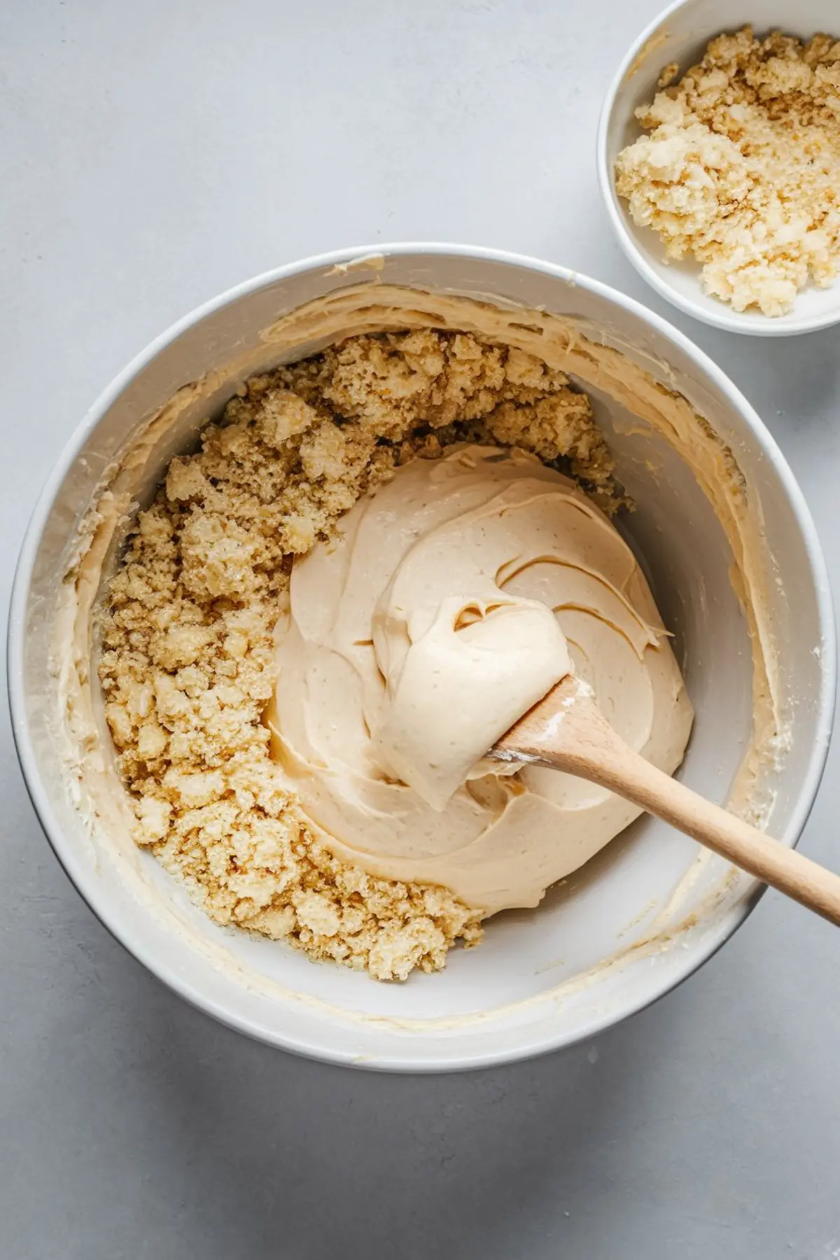 Mixing bowl with crumbled vanilla cake and a large dollop of creamy frosting being blended with a wooden spoon to create cake pop dough.