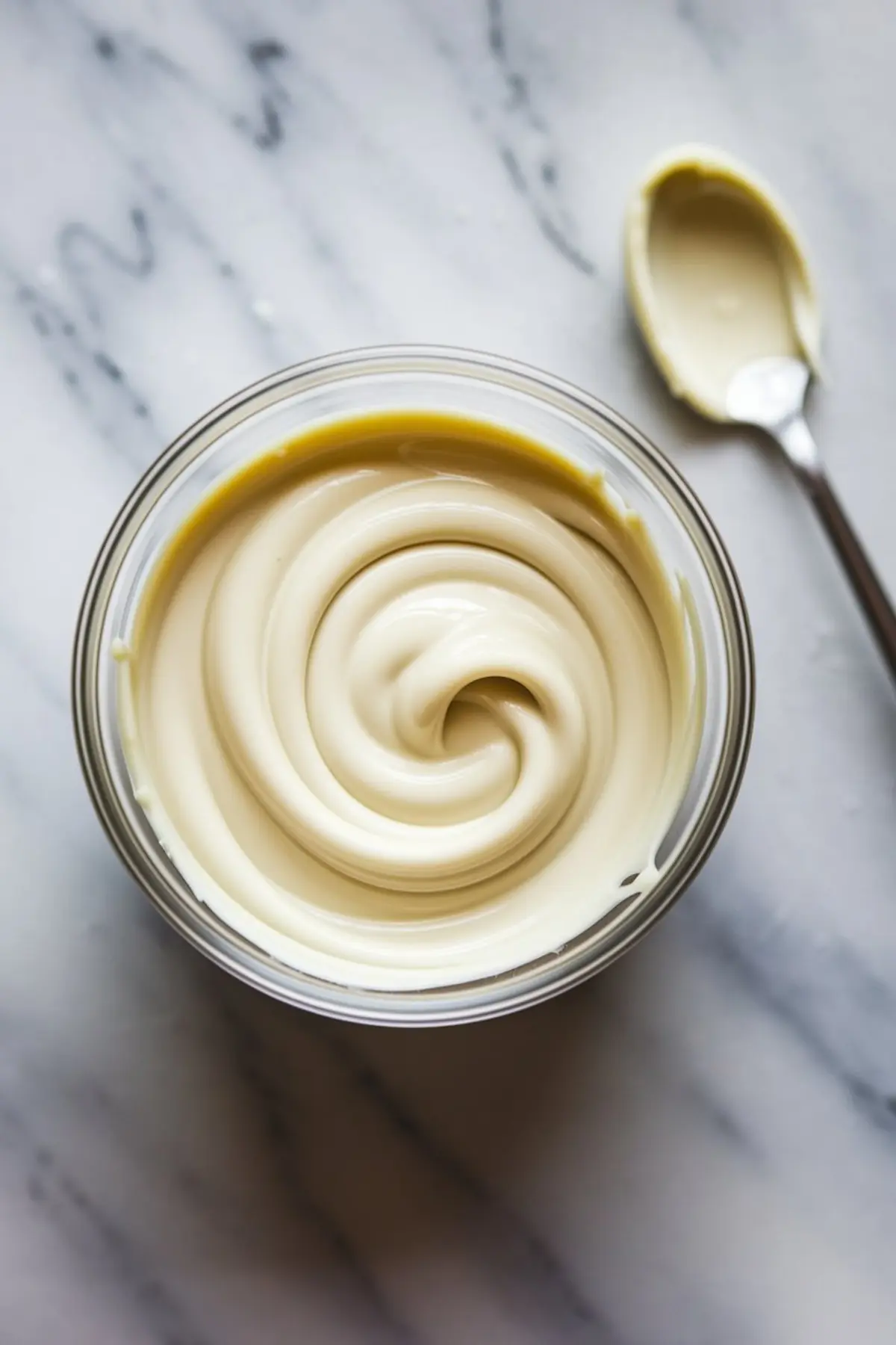 Swirled bowl of white chocolate ganache or candy melts with a spoon on the side, ready for coating cake pops.