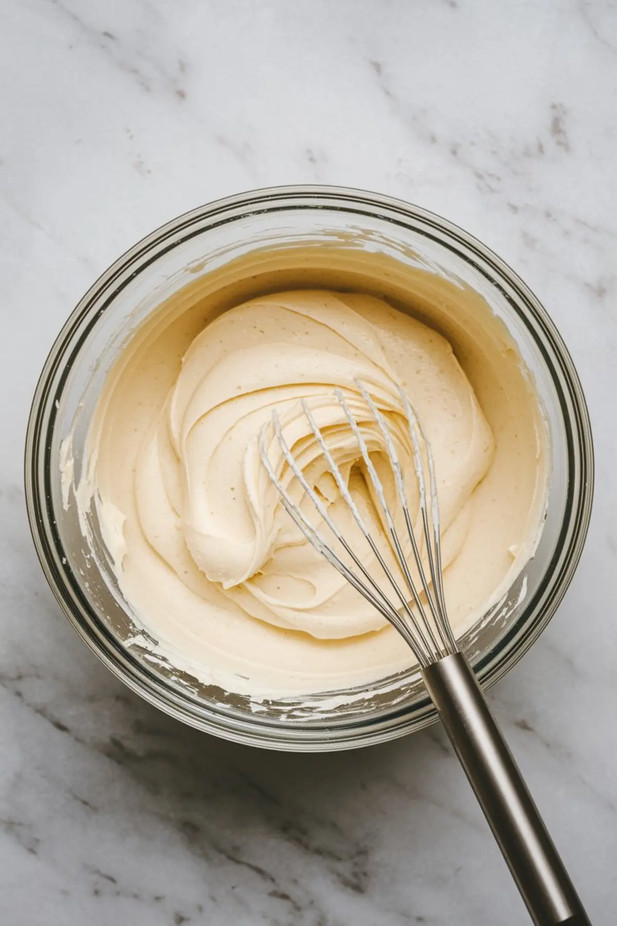 Glass bowl filled with fluffy, whipped vanilla frosting and a metal whisk, set on a marble surface for cake pop filling preparation.