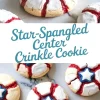 Overhead view of crinkle cookies with cracked white icing and vivid red creases, each topped with a blue and white fondant star, ideal for summer party treats.