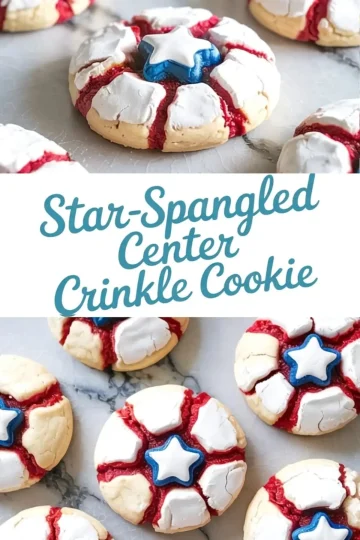 Overhead view of crinkle cookies with cracked white icing and vivid red creases, each topped with a blue and white fondant star, ideal for summer party treats.