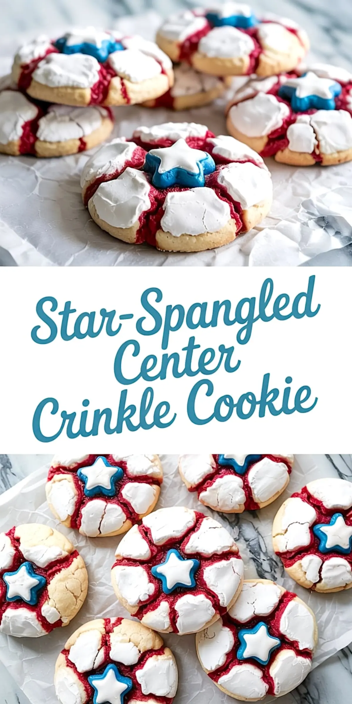 Patriotic crinkle cookies decorated with red and white icing and a bold blue star center, arranged on parchment paper for a festive Fourth of July dessert idea.