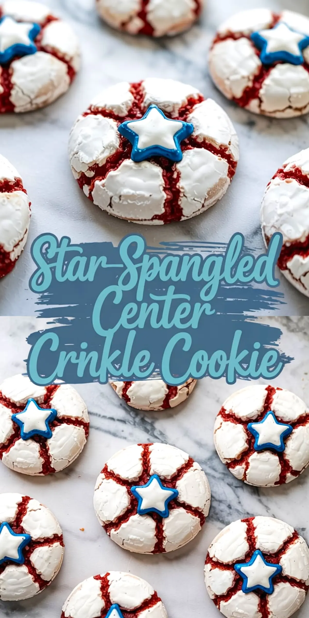 Flat lay of star-topped crinkle cookies featuring a red and white crackle effect and a central blue star, displayed on a marble surface for a striking patriotic presentation.