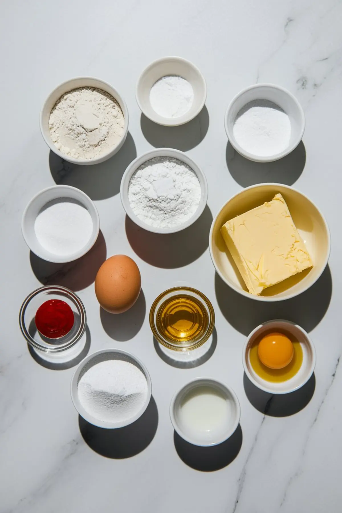 Overhead photo of individual baking ingredients in small white and glass bowls on a white surface, including flour, sugar, eggs, butter, and food coloring for cookie preparation.