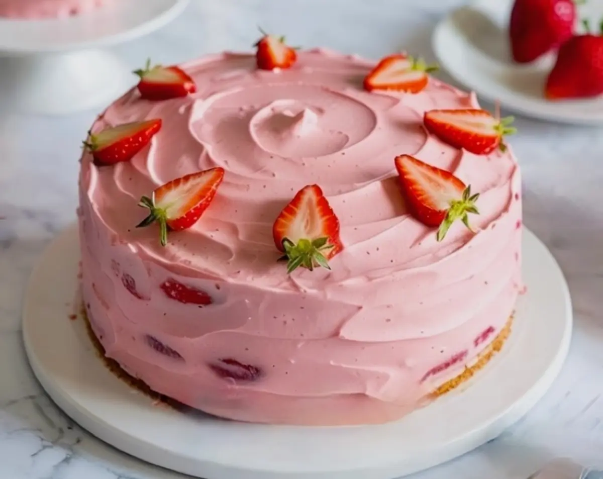 Whole strawberry cake with pink strawberry frosting, topped with halved fresh strawberries on a white round cake stand.