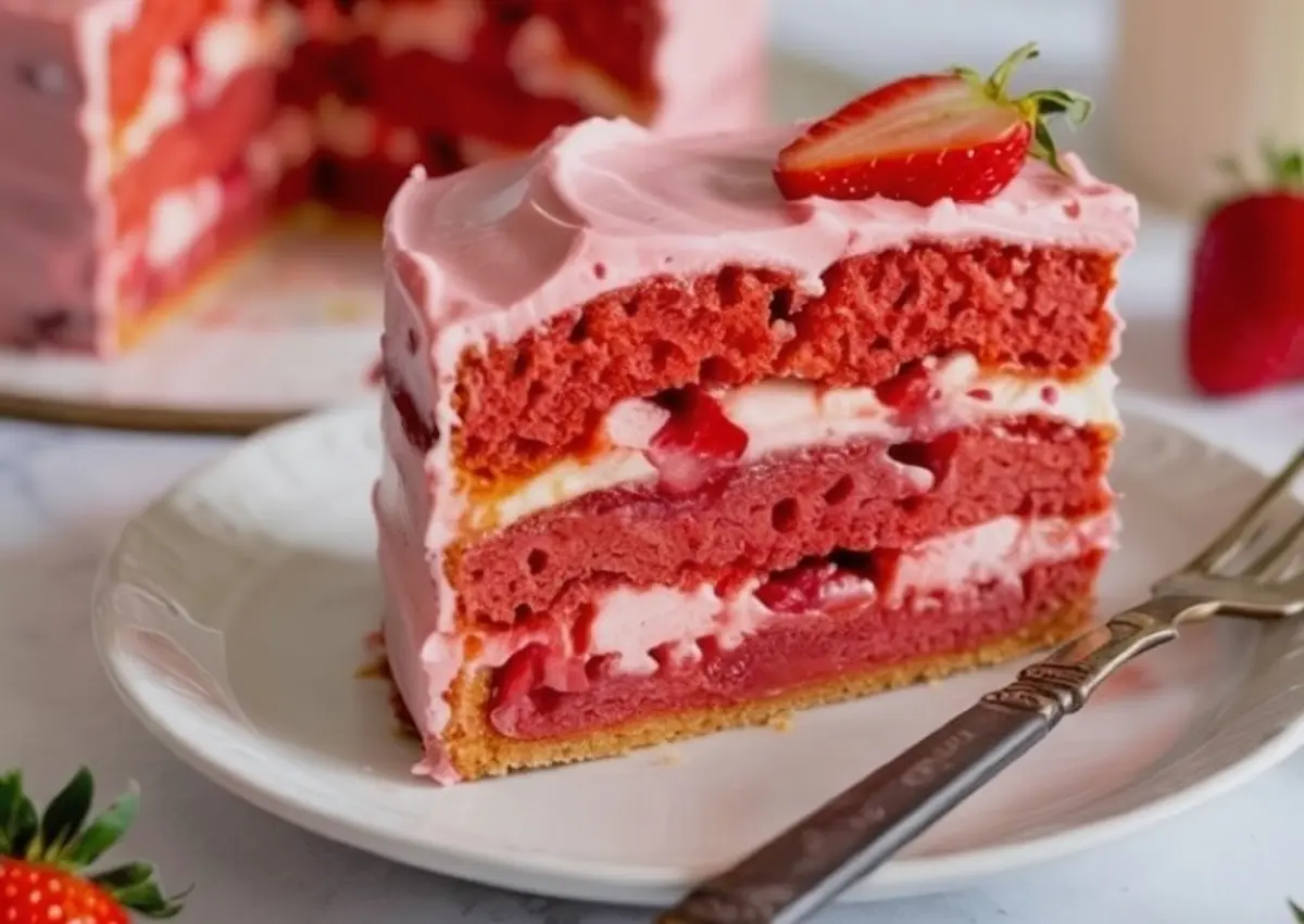 Close-up of a sliced strawberry cake with layers of red sponge, cream filling, and chunks of fresh strawberries on a white plate.