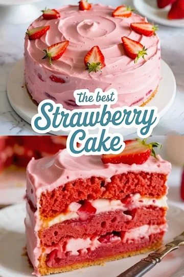 Vertical Pinterest collage featuring a frosted strawberry cake and a slice with text overlay “the best Strawberry Cake” in script and bold font.