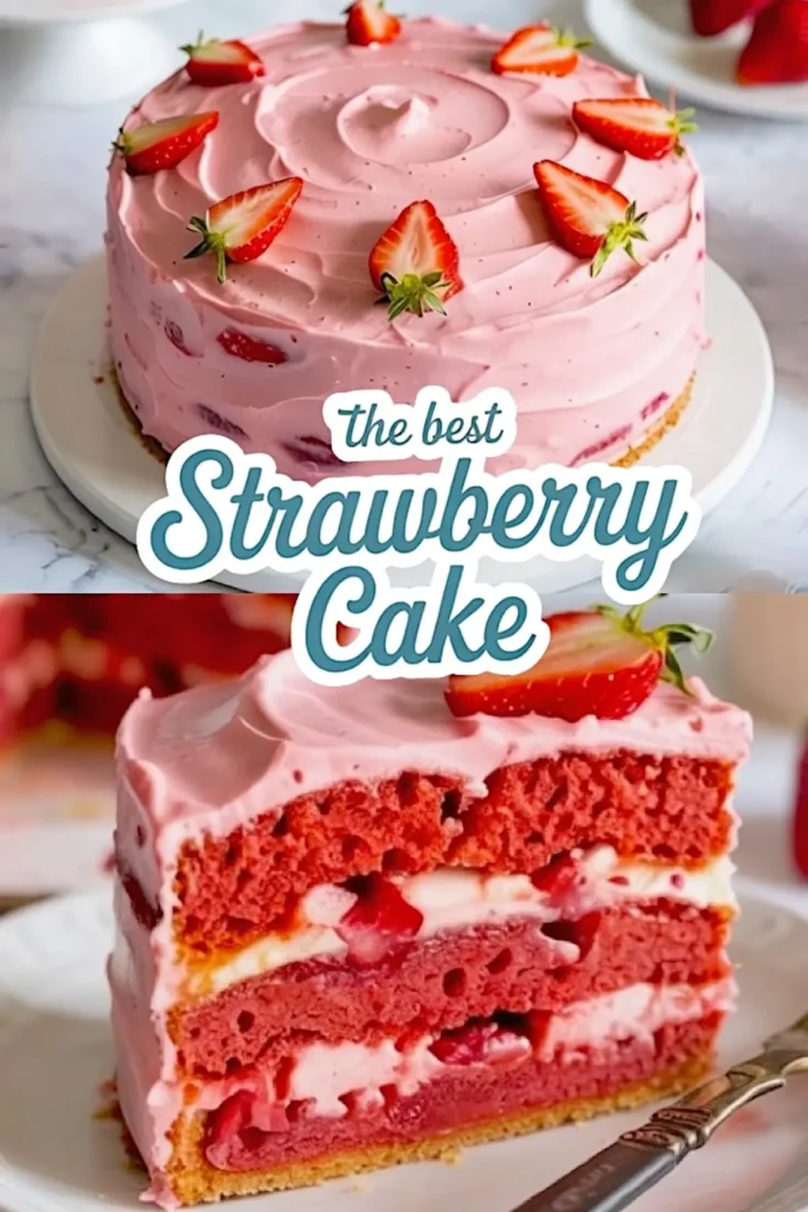Vertical Pinterest collage featuring a frosted strawberry cake and a slice with text overlay “the best Strawberry Cake” in script and bold font.
