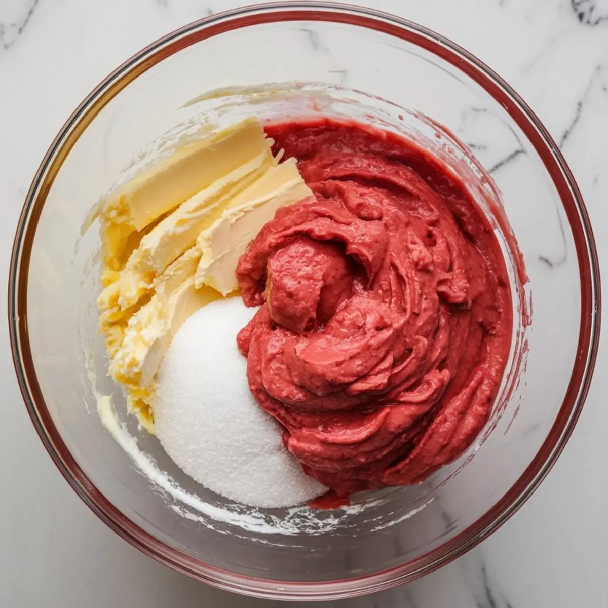 Mixing bowl with strawberry puree, butter, and granulated sugar, highlighting the process of making strawberry cake batter.