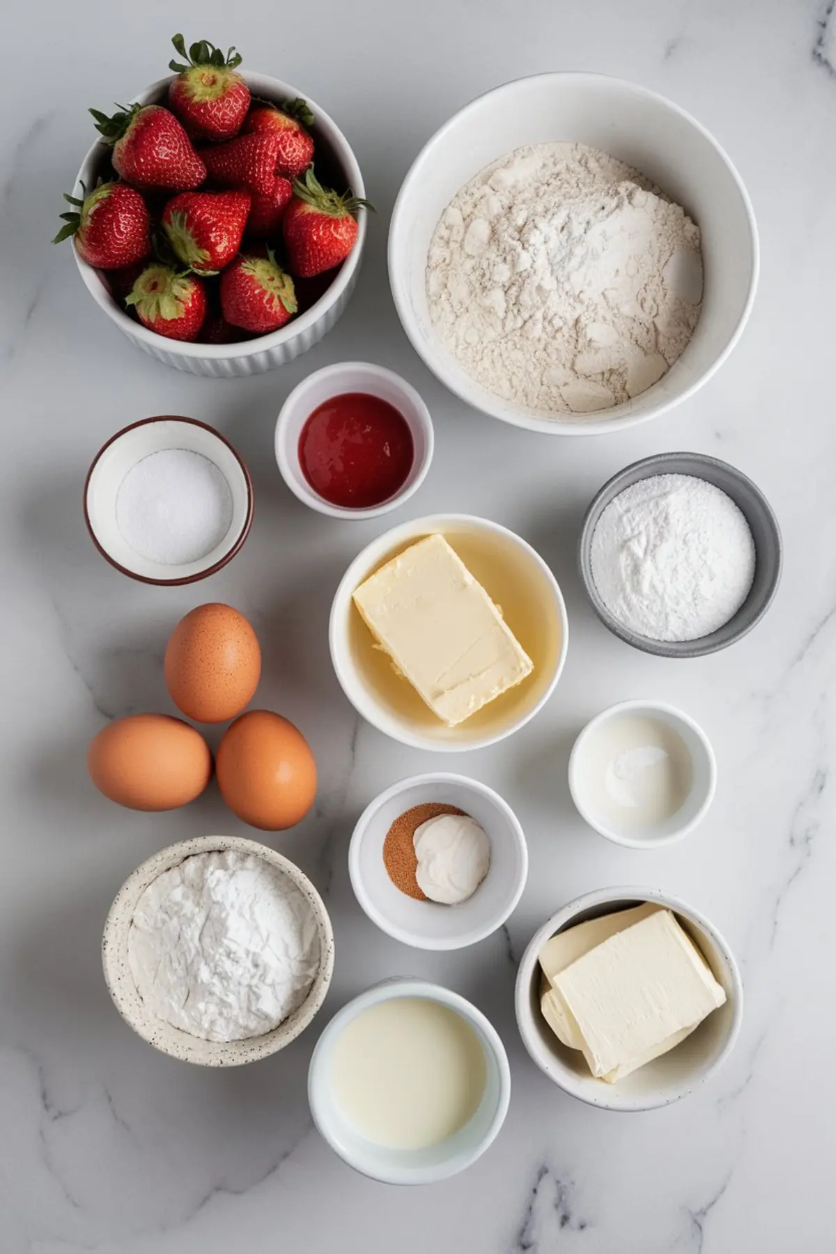 Flat lay of strawberry cake ingredients on a marble surface, including fresh strawberries, flour, eggs, butter, sugar, baking powder, vanilla, milk, and cream cheese.