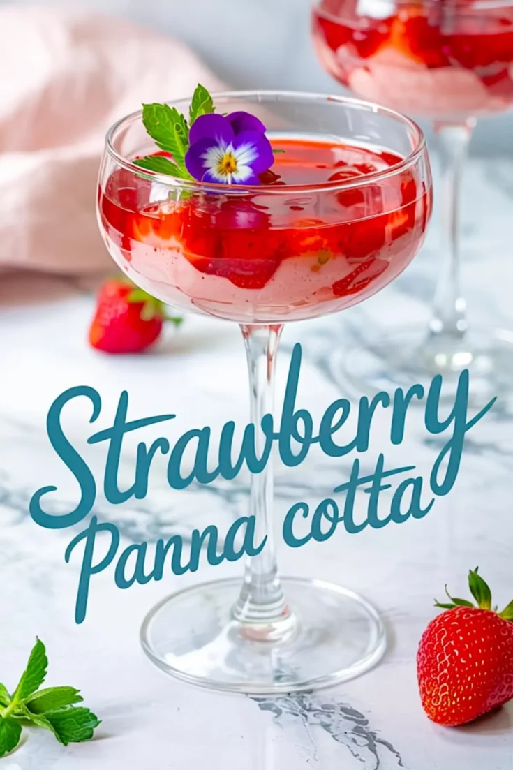 Single coupe glass filled with strawberry panna cotta topped with red strawberry sauce, a sliced strawberry, fresh mint leaves, and a purple edible flower, with text reading “Strawberry Panna Cotta” styled in blue script on a marble surface.