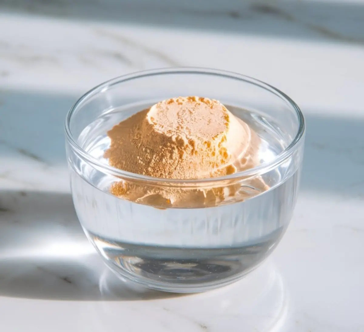 A glass bowl filled with water holds a mound of dry gelatin powder beginning to bloom, illuminated by natural light on a white marble countertop.
