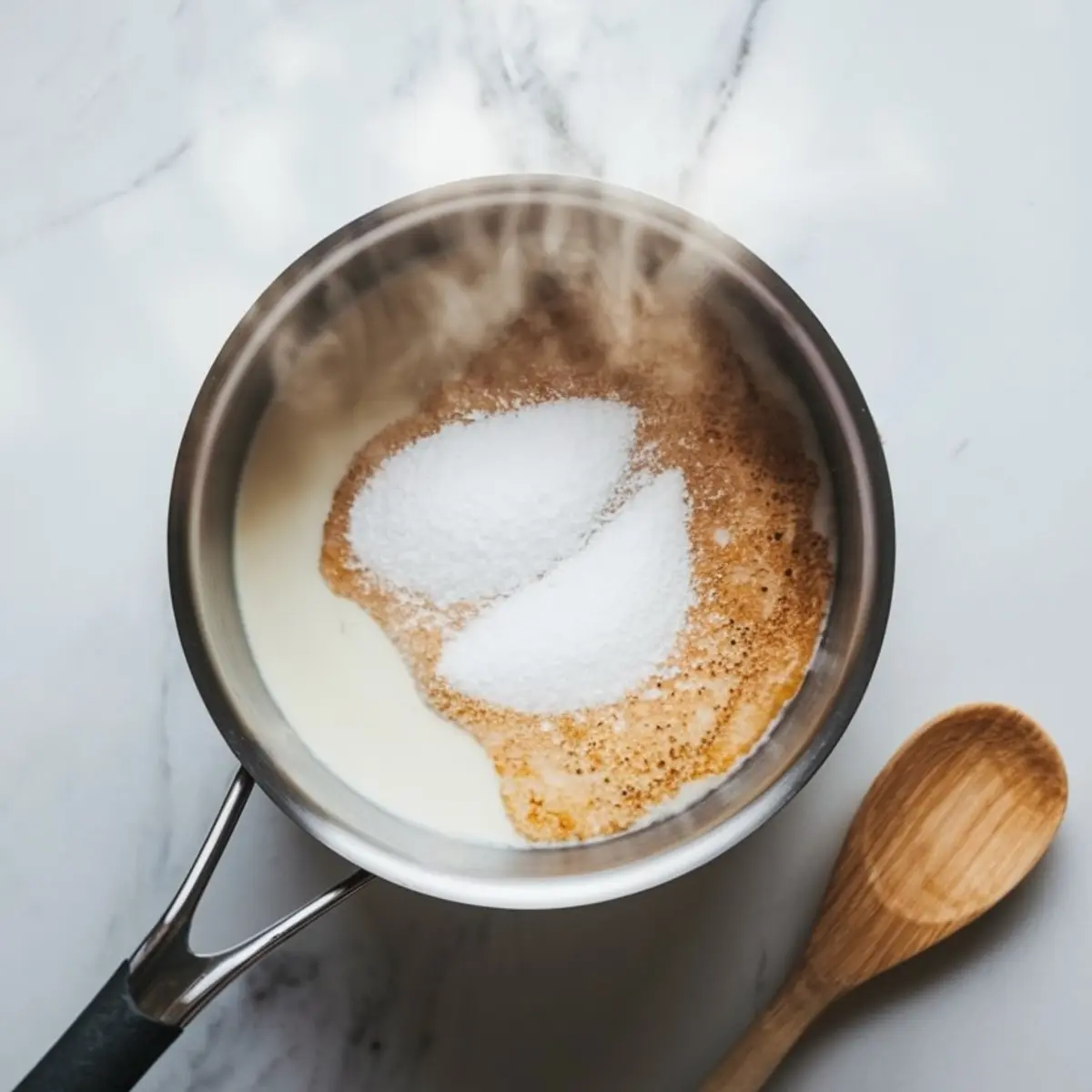 Overhead view of a saucepan containing simmering cream with visible mounds of sugar and vanilla, placed on a marble surface next to a wooden spoon.
