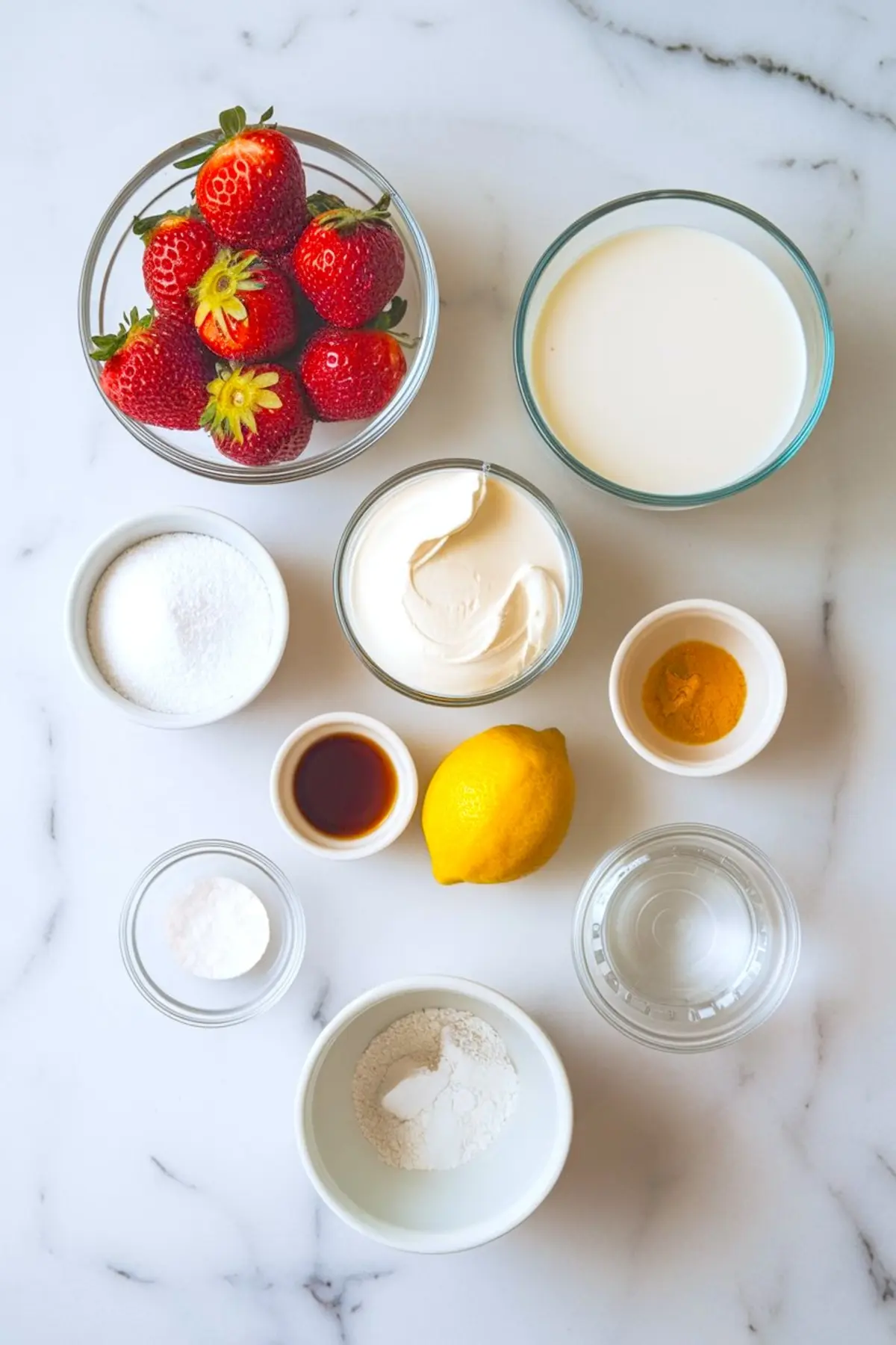 Flat lay of strawberry panna cotta ingredients on a white marble background, including fresh strawberries, heavy cream, Greek yogurt, lemon, vanilla extract, turmeric, sugar, cornstarch, water, and a small bowl of flour.
