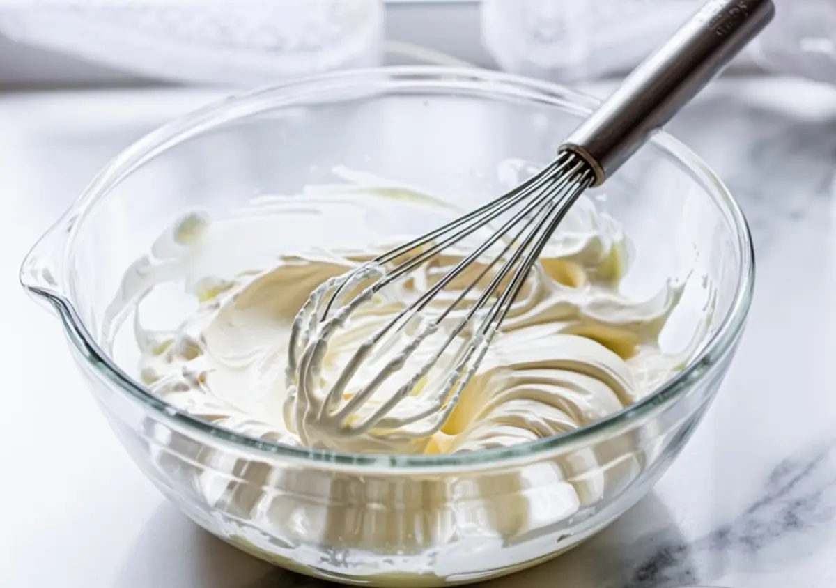 A glass bowl with whipped mascarpone cream and a metal whisk resting inside, sitting on a bright marble counter.
