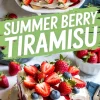 A collage featuring a top view of a tiramisu in a white baking dish decorated with strawberries and blueberries, and a close-up of a sliced piece on a plate garnished with fresh fruit.