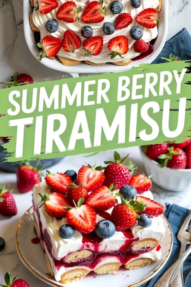 A collage featuring a top view of a tiramisu in a white baking dish decorated with strawberries and blueberries, and a close-up of a sliced piece on a plate garnished with fresh fruit.