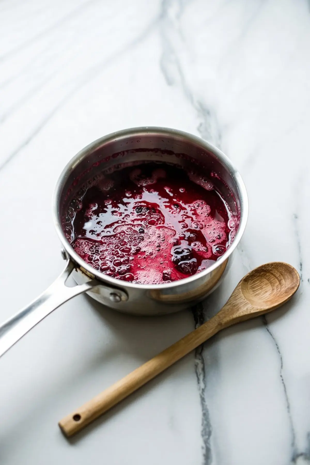 A saucepan with simmering berry sauce on a marble countertop next to a wooden spoon.