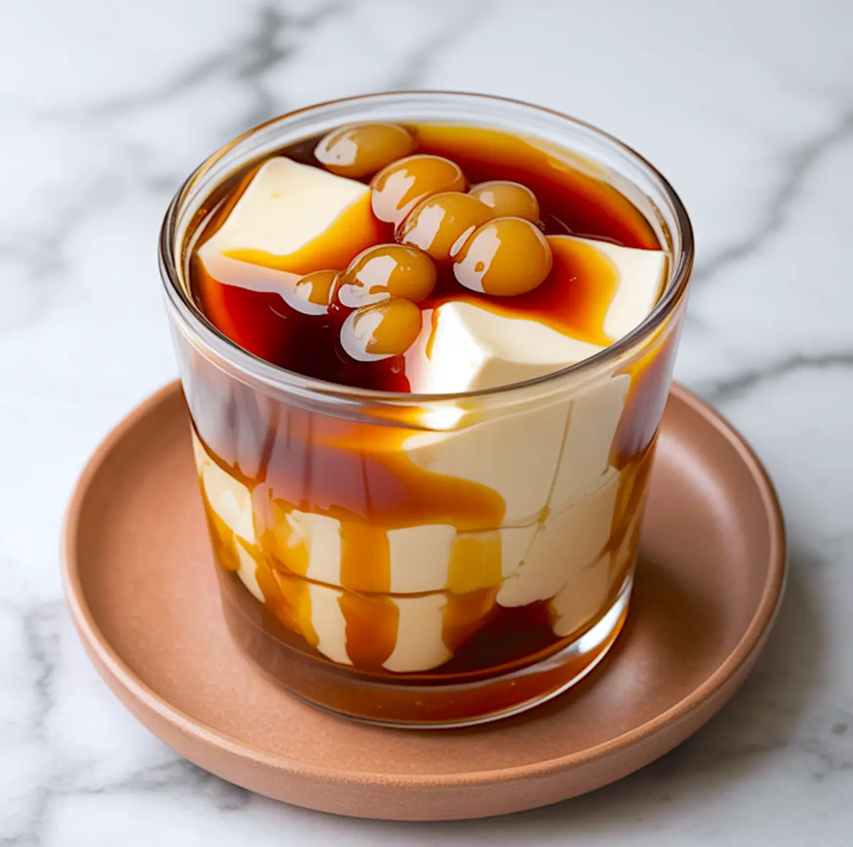 Glass of taho Filipino dessert featuring silky tofu, golden tapioca pearls, and rich arnibal syrup served on a clay plate over a marble surface.