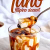 Glass of taho with spoon lifting a piece of tofu topped with arnibal syrup and tapioca pearls, text overlay reads “Taho Filipino Dessert” against a soft fabric backdrop.