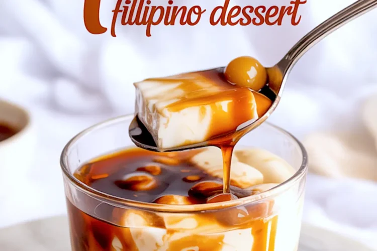 Glass of taho with spoon lifting a piece of tofu topped with arnibal syrup and tapioca pearls, text overlay reads “Taho Filipino Dessert” against a soft fabric backdrop.