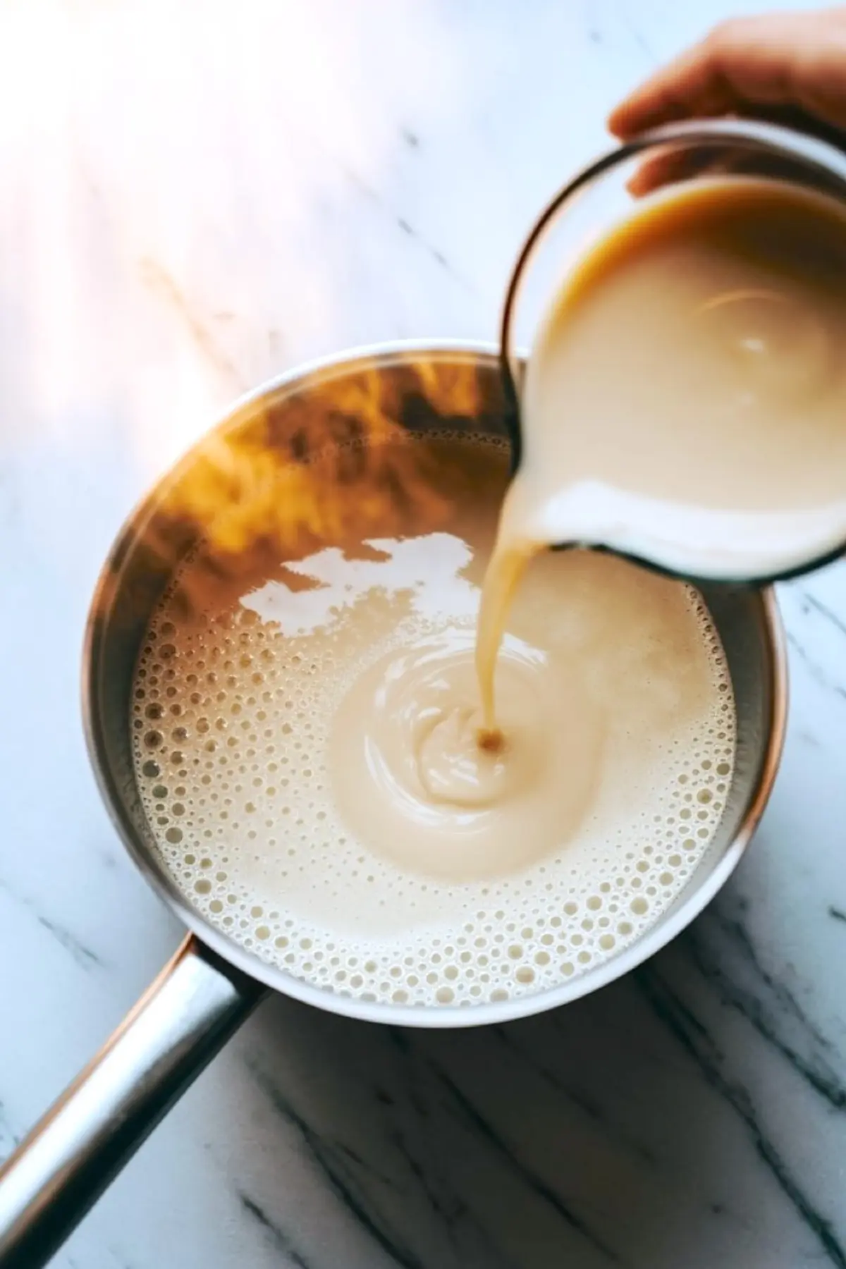 Close-up of soy milk mixture being poured into a saucepan during the process of making homemade silken tofu for taho on a marble countertop.