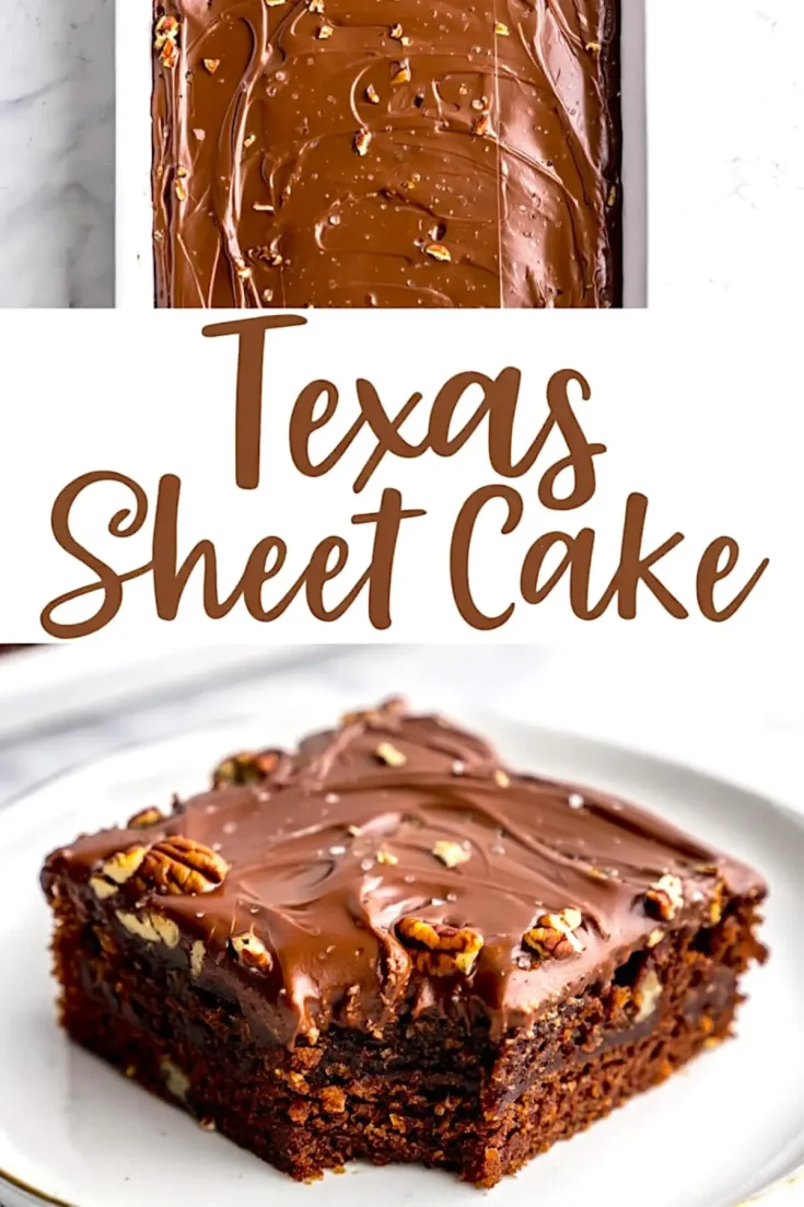 A collage with a top image of a frosted Texas sheet cake garnished with chopped pecans, and a bottom image of a rich, fudgy slice served on a white plate, showcasing its dense and gooey chocolate interior.