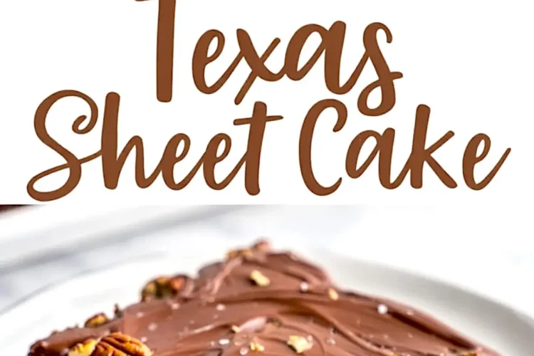 A collage with a top image of a frosted Texas sheet cake garnished with chopped pecans, and a bottom image of a rich, fudgy slice served on a white plate, showcasing its dense and gooey chocolate interior.