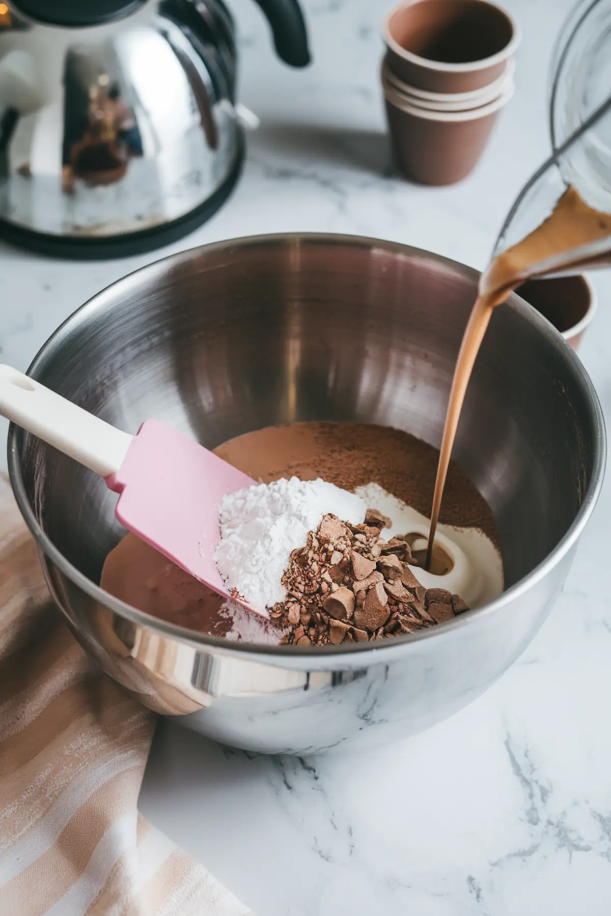 A mixing bowl filled with dry ingredients including cocoa powder, flour, and sugar, with hot coffee being poured in and a pink spatula resting on the side, set on a marble countertop beside stacked paper cups and a stainless steel kettle.