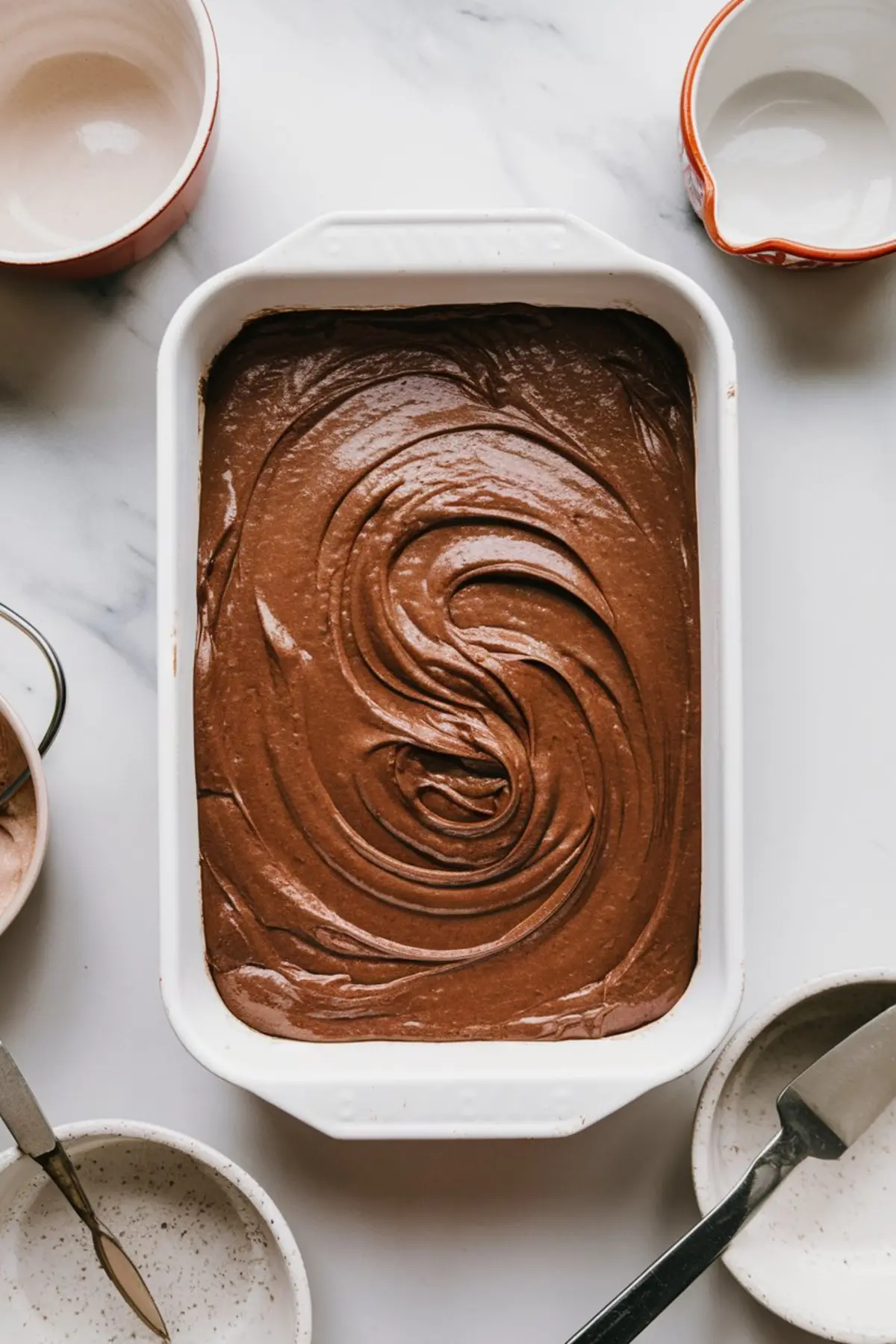 A top-down view of unbaked chocolate cake batter swirled in a rectangular white baking dish, surrounded by small bowls and utensils on a marble counter.