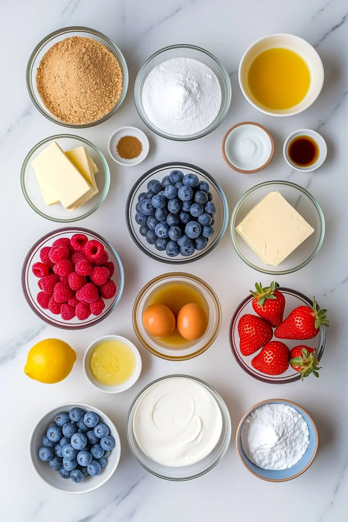 Flat lay of cheesecake ingredients on a white marble surface, including fresh strawberries, blueberries, raspberries, eggs, butter, graham cracker crumbs, sour cream, lemon, vanilla extract, and sugar.