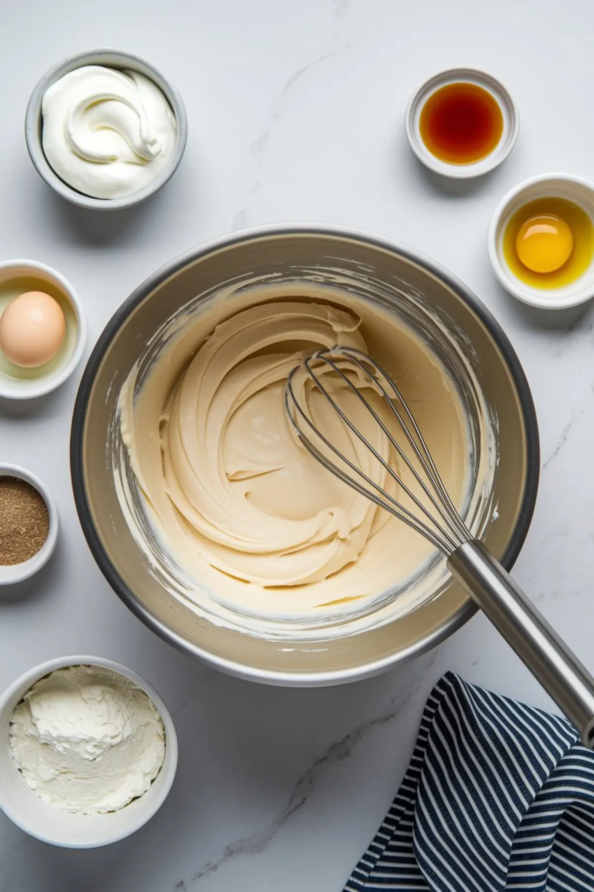 Smooth cheesecake batter in a metal mixing bowl with a whisk, surrounded by small bowls of sour cream, eggs, vanilla, and sugar on a white countertop.