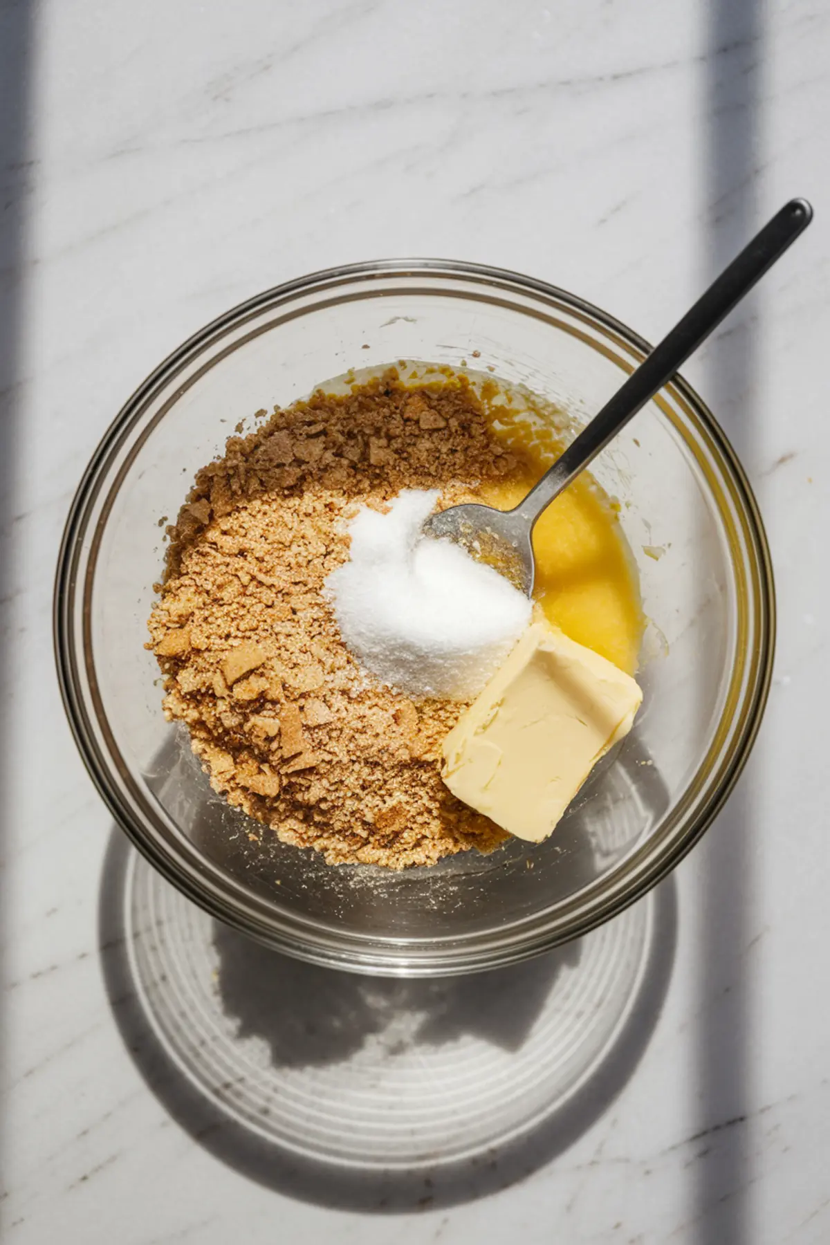 Bowl with graham cracker crumbs, sugar, and butter being combined with a spoon to create a cheesecake crust, captured under bright kitchen lighting.