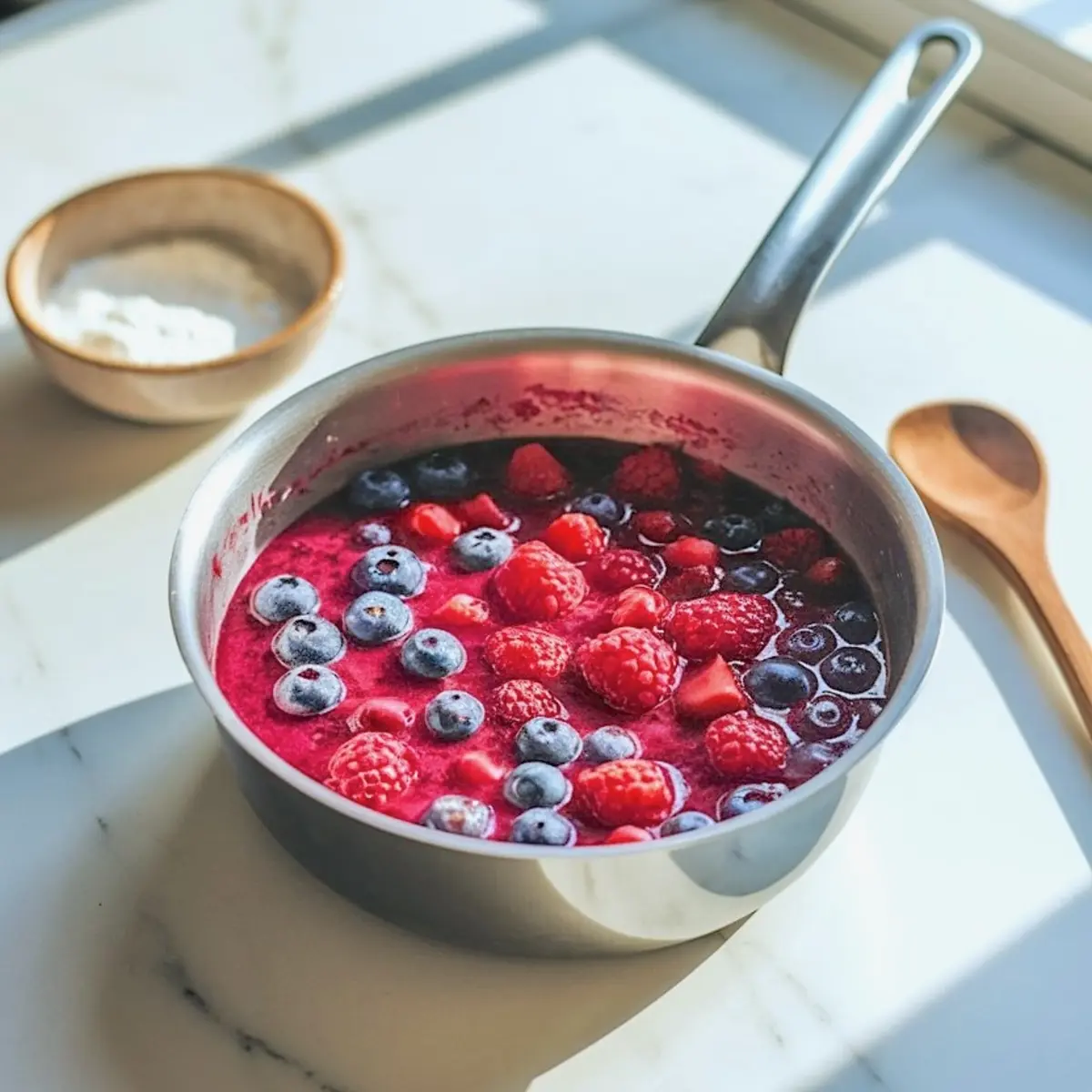 Saucepan of mixed berries including raspberries, blueberries, and strawberries simmering into a sauce, set on a sunlit kitchen counter with a wooden spoon nearby.