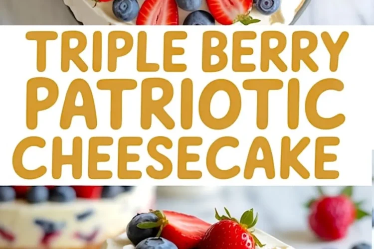 Triple berry cheesecake topped with concentric circles of halved strawberries and whole blueberries over whipped cream, labeled “Triple Berry Patriotic Cheesecake” with a slice shown below.