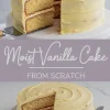 Vertical collage of a classic vanilla layer cake with pale yellow buttercream frosting, showing a close-up of a slice being lifted, a full cake with a wedge removed, and a top-down view highlighting the swirl pattern on the frosting.