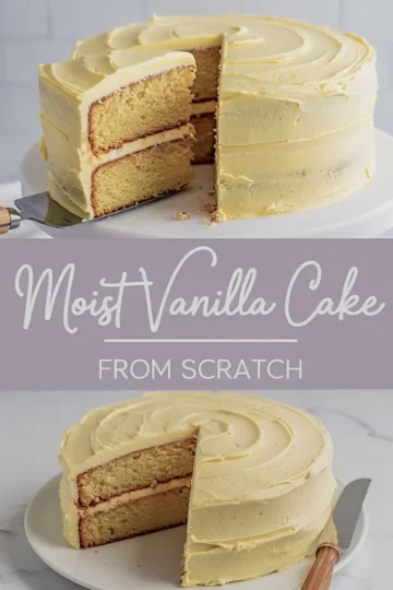 Vertical collage of a classic vanilla layer cake with pale yellow buttercream frosting, showing a close-up of a slice being lifted, a full cake with a wedge removed, and a top-down view highlighting the swirl pattern on the frosting.