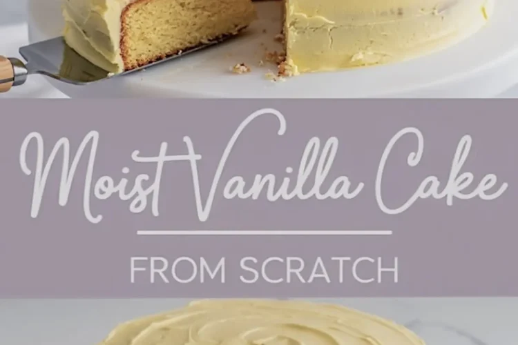 Vertical collage of a classic vanilla layer cake with pale yellow buttercream frosting, showing a close-up of a slice being lifted, a full cake with a wedge removed, and a top-down view highlighting the swirl pattern on the frosting.