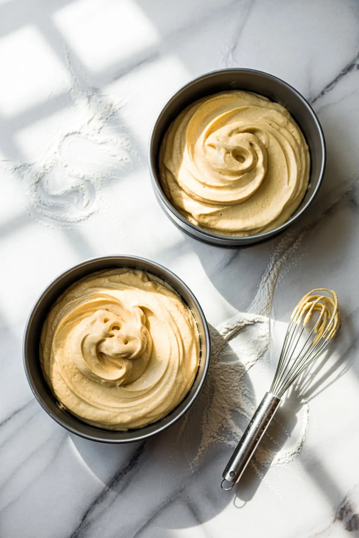 Top-down view of two round cake pans filled with swirled vanilla cake batter, resting on a floured marble surface with a whisk coated in batter nearby.
