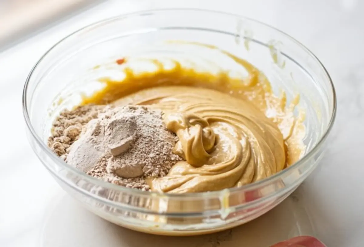 Glass mixing bowl showing partially combined vanilla cake batter with flour on top, highlighting the blending process of wet and dry ingredients for baking.