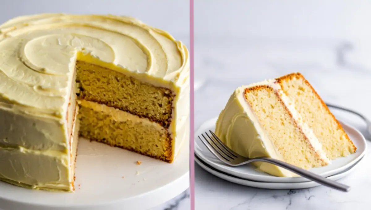 Split-image collage with one side showing a full vanilla cake with creamy yellow frosting and the other side featuring a single slice plated with a fork, highlighting the soft texture and frosting layers.