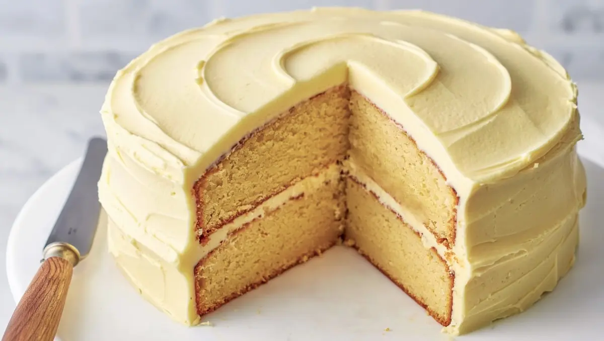 Top-angled view of a classic vanilla butter cake with a clean slice removed, showcasing the neat layers and creamy swirl frosting on top, served on a marble background.