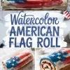 Collage showing a watercolor American flag cake roll with red, white, and blue painted icing and white fondant stars, sliced to reveal a spiral of cake and creamy filling, styled for patriotic desserts and 4th of July baking inspiration.