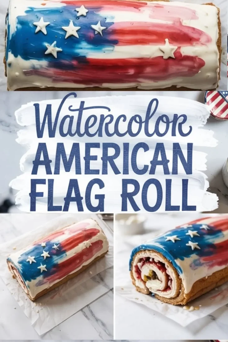 Collage showing a watercolor American flag cake roll with red, white, and blue painted icing and white fondant stars, sliced to reveal a spiral of cake and creamy filling, styled for patriotic desserts and 4th of July baking inspiration.