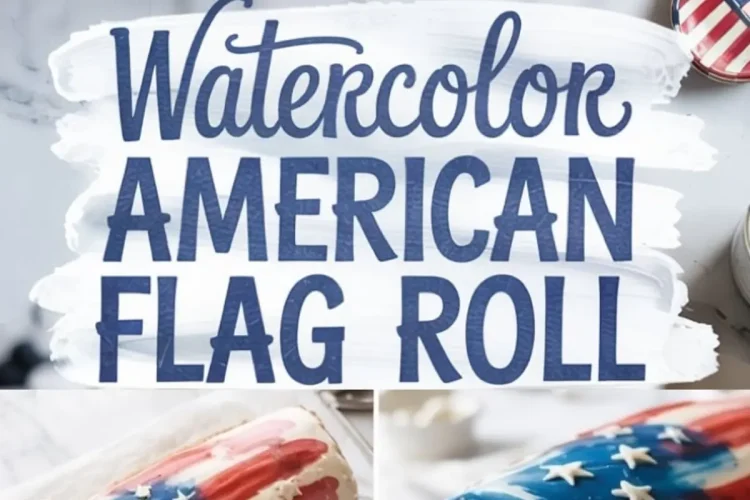 Collage showing a watercolor American flag cake roll with red, white, and blue painted icing and white fondant stars, sliced to reveal a spiral of cake and creamy filling, styled for patriotic desserts and 4th of July baking inspiration.