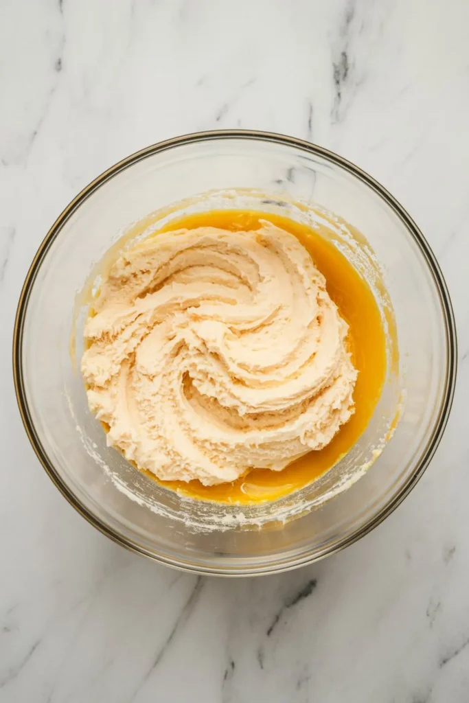 Overhead view of a glass bowl filled with a smooth creamed butter and sugar mixture on a white marble surface, showcasing an early stage of cake batter preparation.
