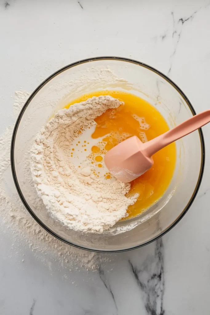 Top-down image of a mixing bowl with flour, eggs, and milk being stirred together with a pink spatula, capturing a step in the cake batter mixing process on a floured marble countertop.
